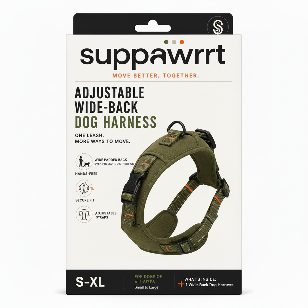 Suppawrt Adjustable Wide-Back Dog Harness in olive green with black hardware and reflective stitching